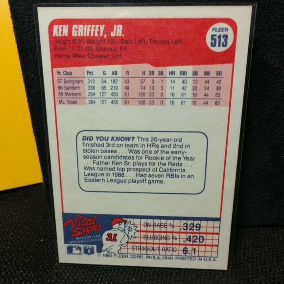 1990 Fleer Ken Griffey Jr #513 2nd Year Seattle Mariners Hall of Fame - Picture 3 of 9